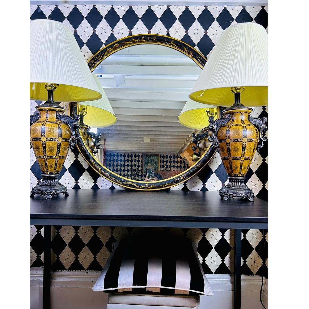Oversized Chinoiserie Round Wall Mirror Black Gold Lacquer 35 Inch